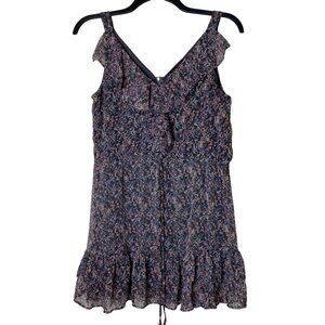 Myth NYC Dress L Floral Ruffle Boho Mini Sleeveless Sheer Overlay Zip Back